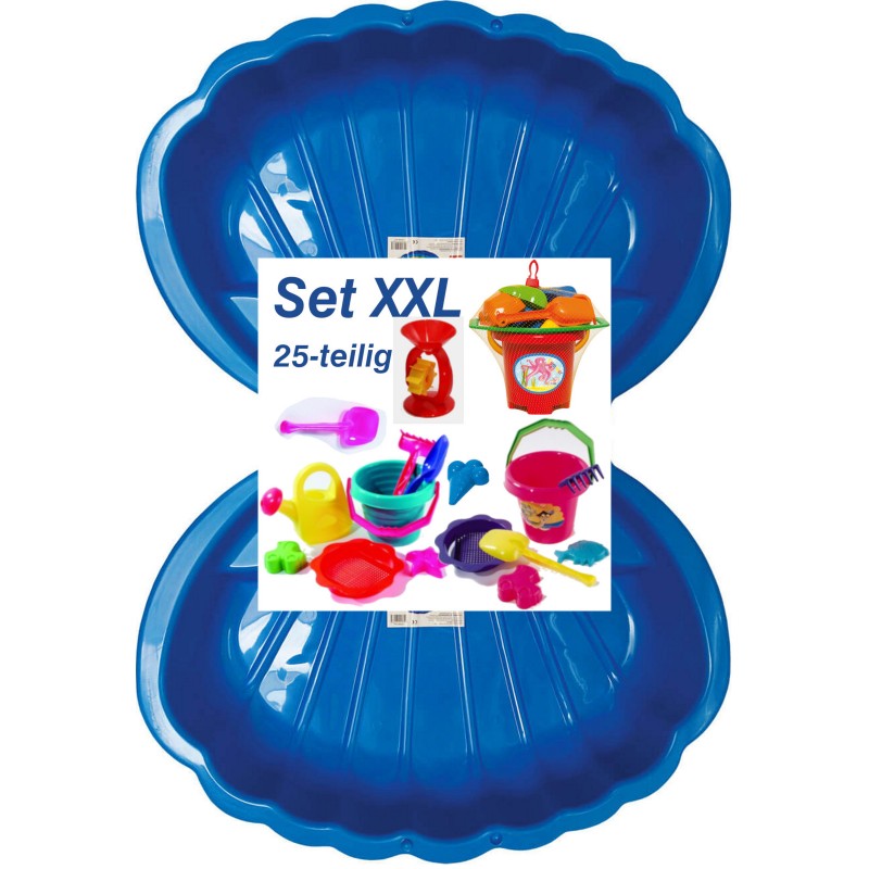 2x Muschel Sandkasten Planschbecken XL 108x79x18 blau + 25-tlg. Eimergarnitur