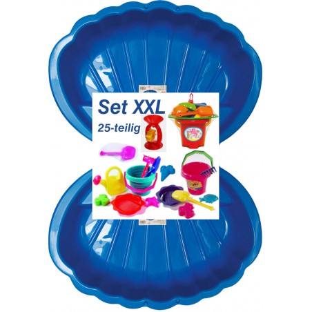 2x Muschel Sandkasten Planschbecken XL 108x79x18 blau + 25-tlg. Eimergarnitur