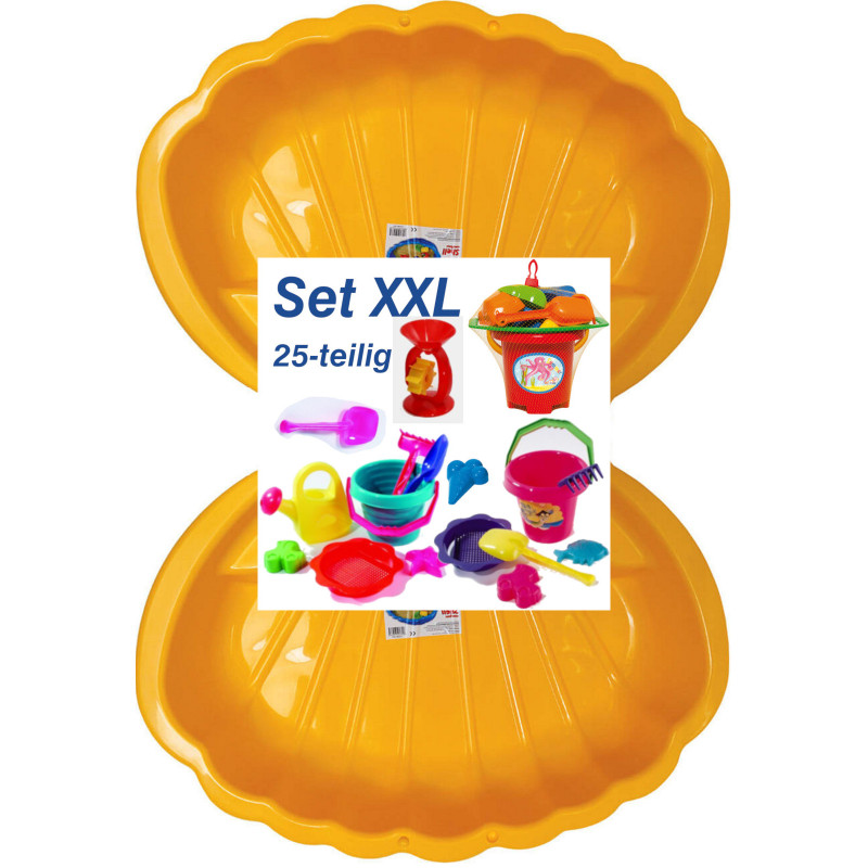 2x Muschel Sandkasten Planschbecken XL 108x79x18 gelb + 25-tlg. Eimergarnitur