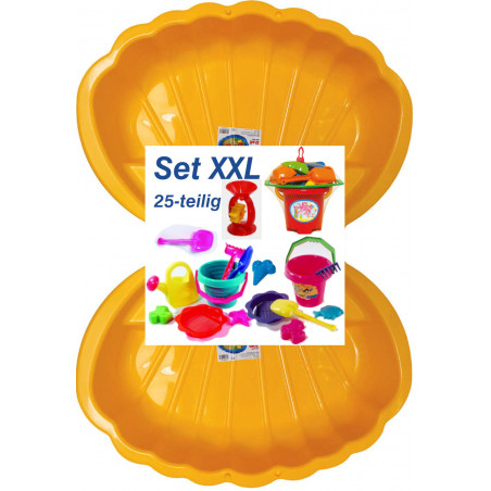 2x Muschel Sandkasten Planschbecken XL 108x79x18 gelb + 25-tlg. Eimergarnitur
