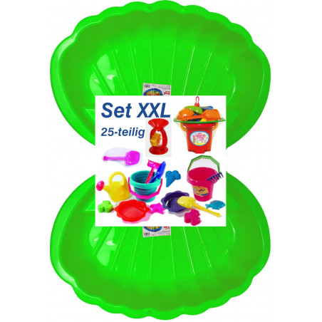 2x Muschel Sandkasten Planschbecken XL 108x79x18 grün + 25-tlg. Eimergarnitur