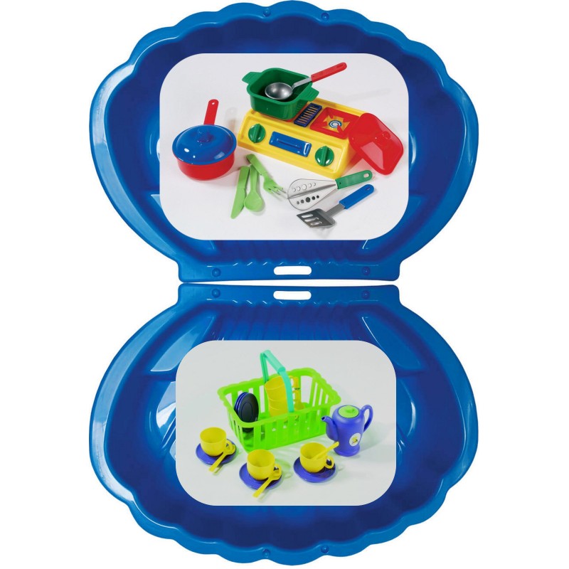 2x Muschel Sandkasten Planschbecken XL 108x79x18 blau + Picknick-Set 32-teilig