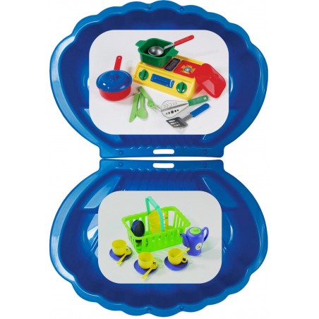 2x Muschel Sandkasten Planschbecken XL 108x79x18 blau + Picknick-Set 32-teilig