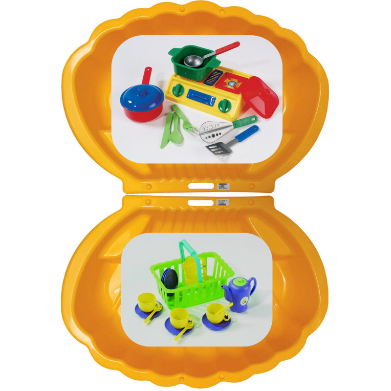 2x Muschel Sandkasten Planschbecken XL 108x79x18 gelb + Picknick-Set 32-teilig