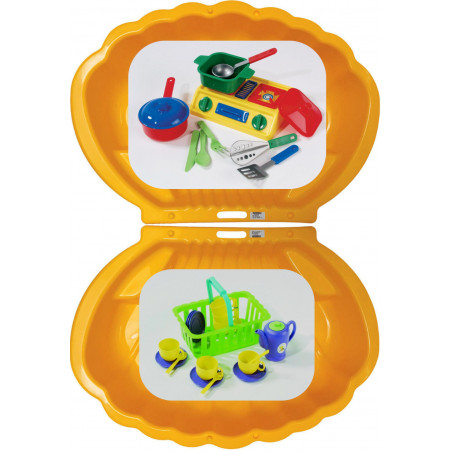 2x Muschel Sandkasten Planschbecken XL 108x79x18 gelb + Picknick-Set 32-teilig