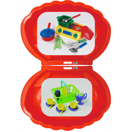 2x Muschel Sandkasten Planschbecken XL 108x79x18 rot + Picknick-Set 32-teilig