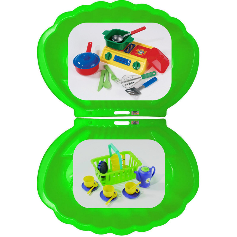 2x Muschel Sandkasten Planschbecken XL 108x79x18 grün + Picknick-Set 32-teilig