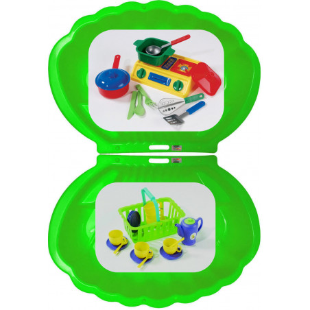 2x Muschel Sandkasten Planschbecken XL 108x79x18 grün + Picknick-Set 32-teilig